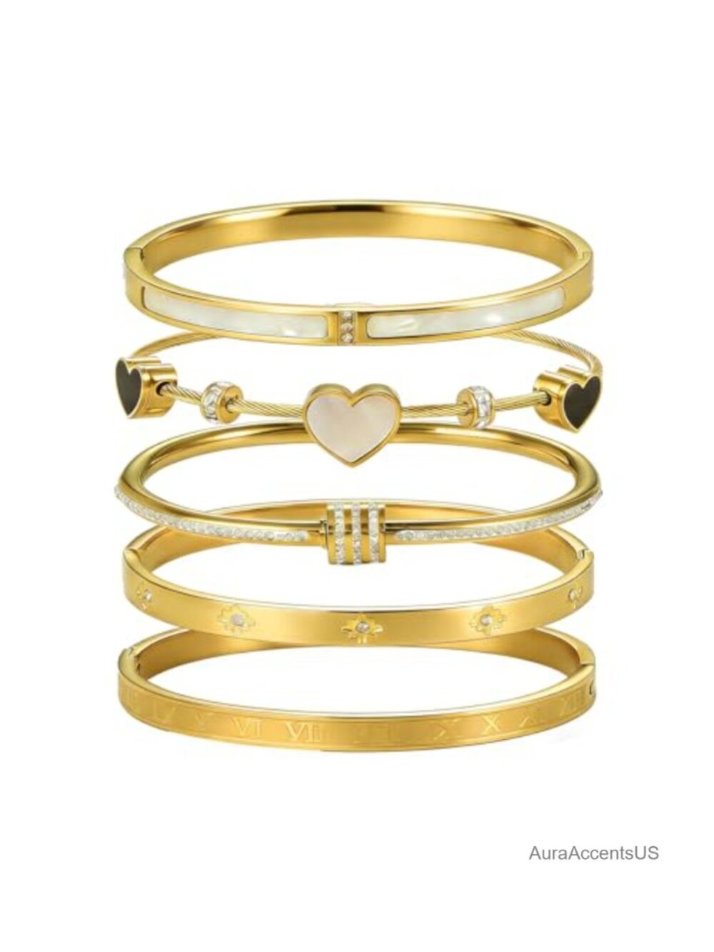 18K Gold Plated Stainless Steel 5 Pcs Stackable Bangle Bracelet Set for Women
